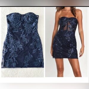 Lulu's Unreal Date Navy Blue Sequined Embroidered Strapless Mini Dress